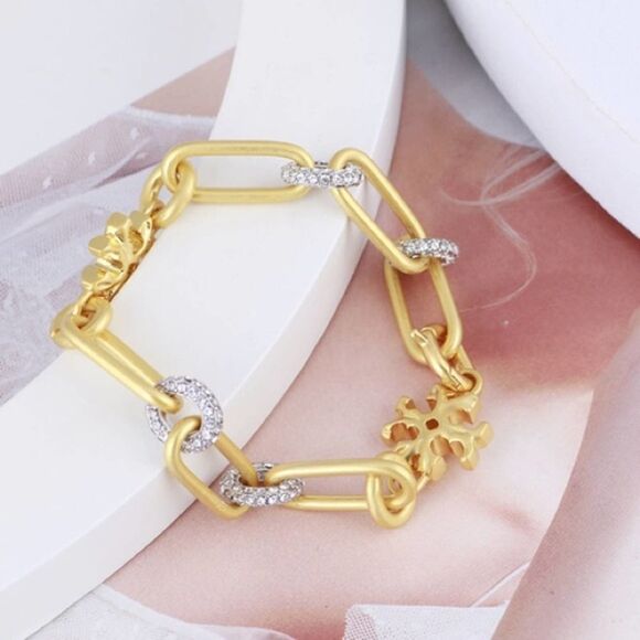 NWT Tory Burch Gold Link Circle Crystal Logo Bracelet - Picture 3 of 6